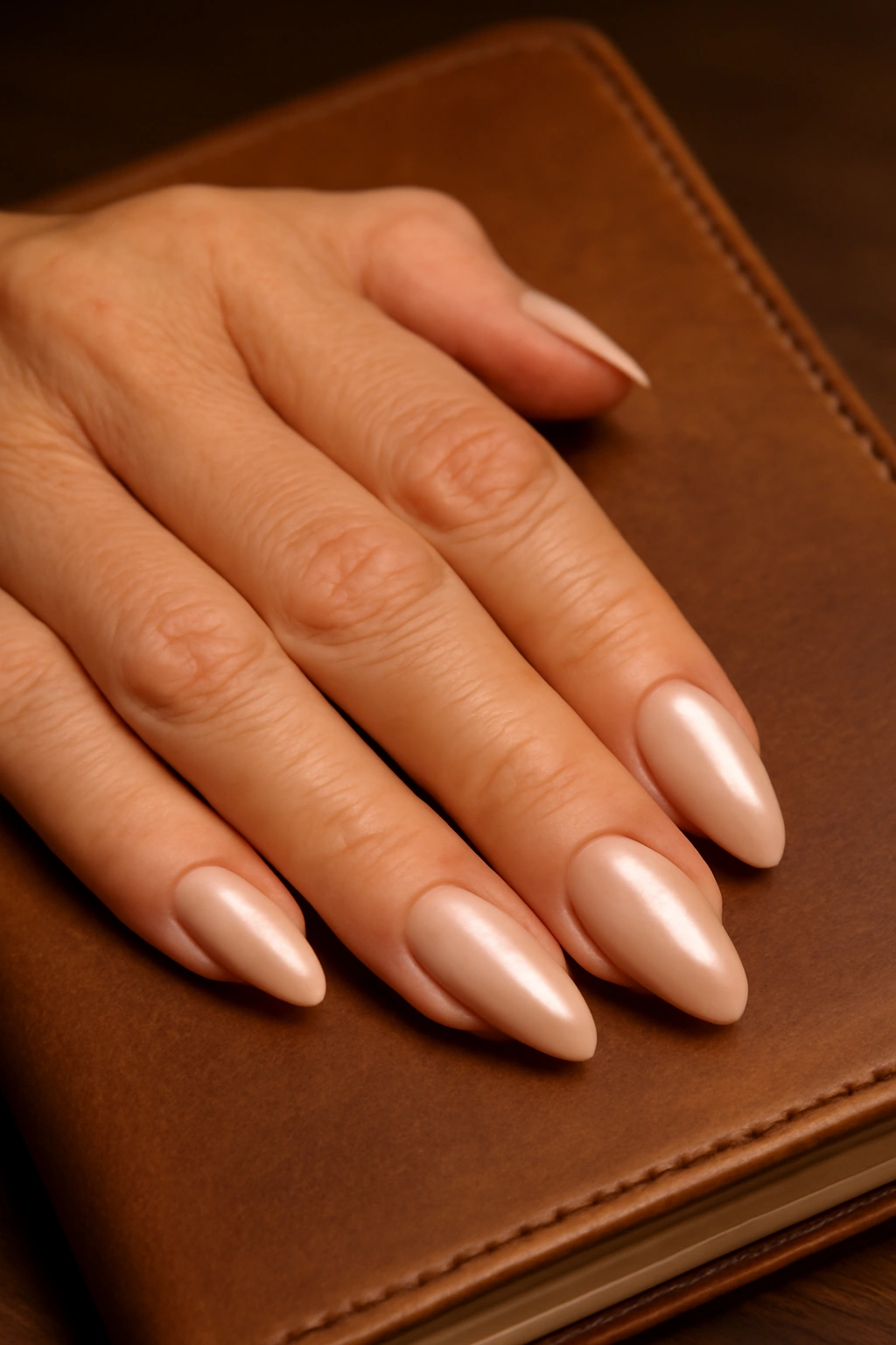 Soft point nails with pearlescent finish on a mature hand resting on a book.