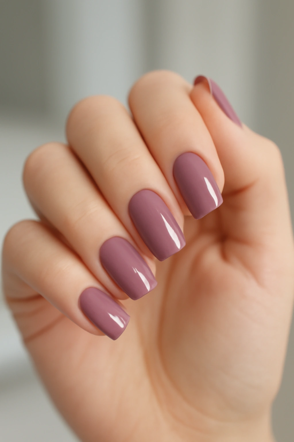 Soft square nails with mauve polish showing straight sides and rounded corners.