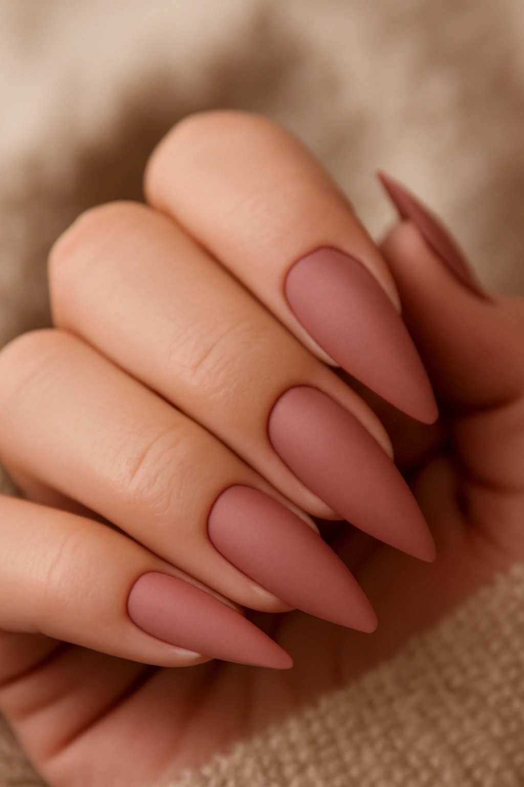 Soft stiletto nail shape with dusty rose matte polish on full fingers.