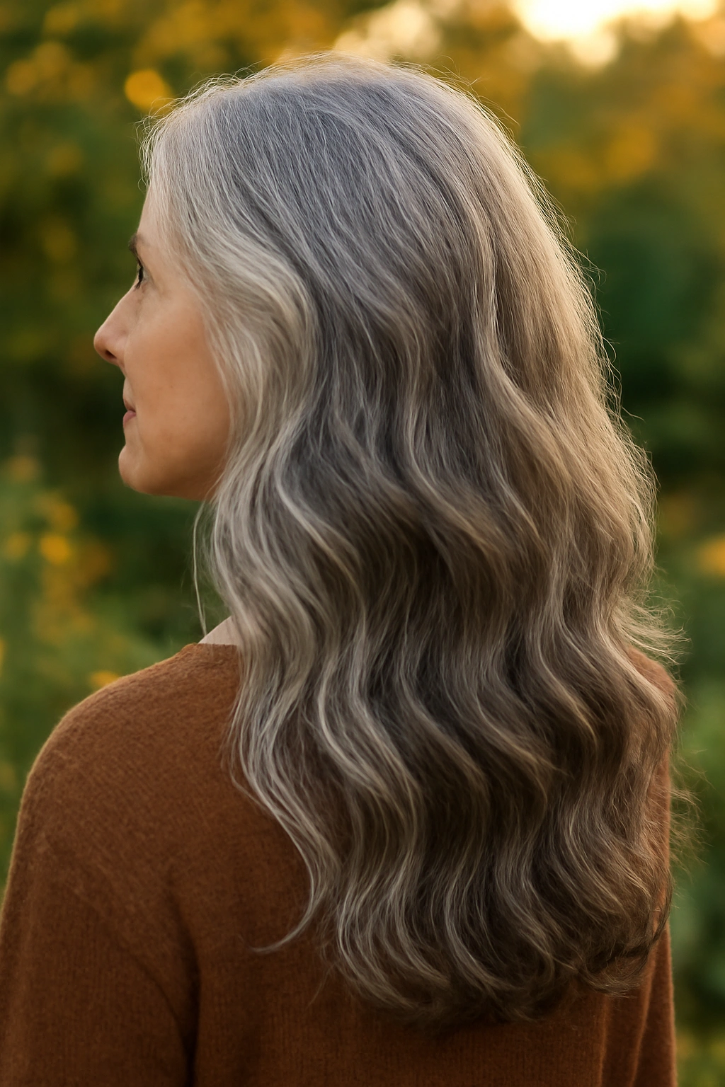 Mature woman with long grey hair styled in soft romantic waves and cascading layers.