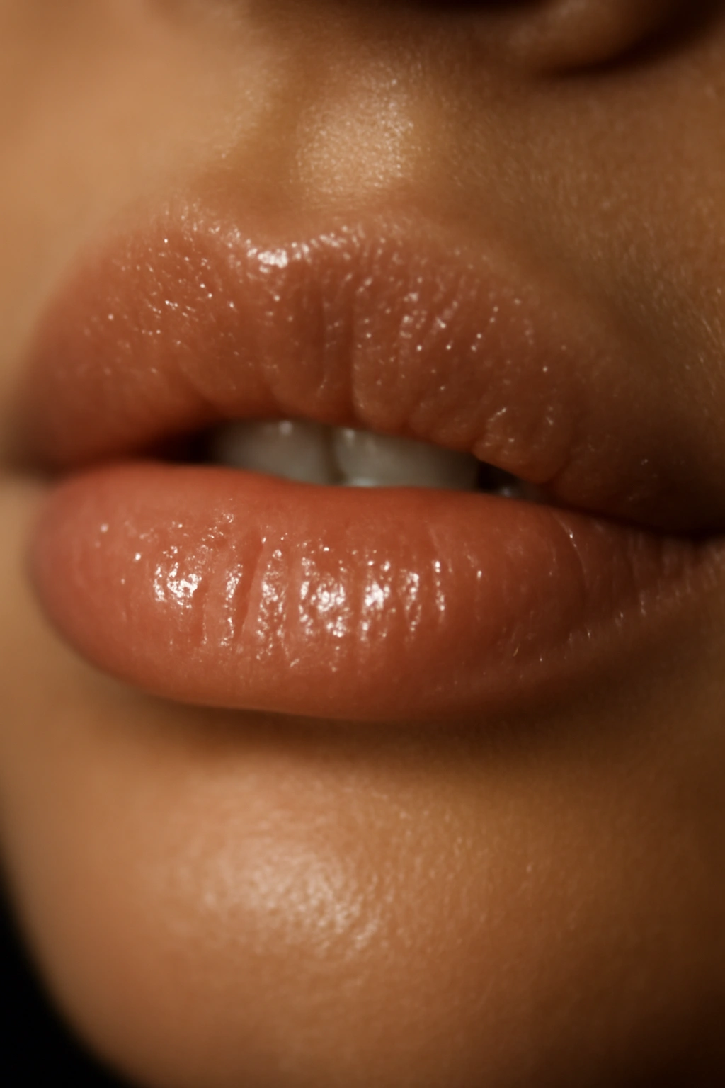 Close-up of lips with subtle shimmer gloss, fine sparkle