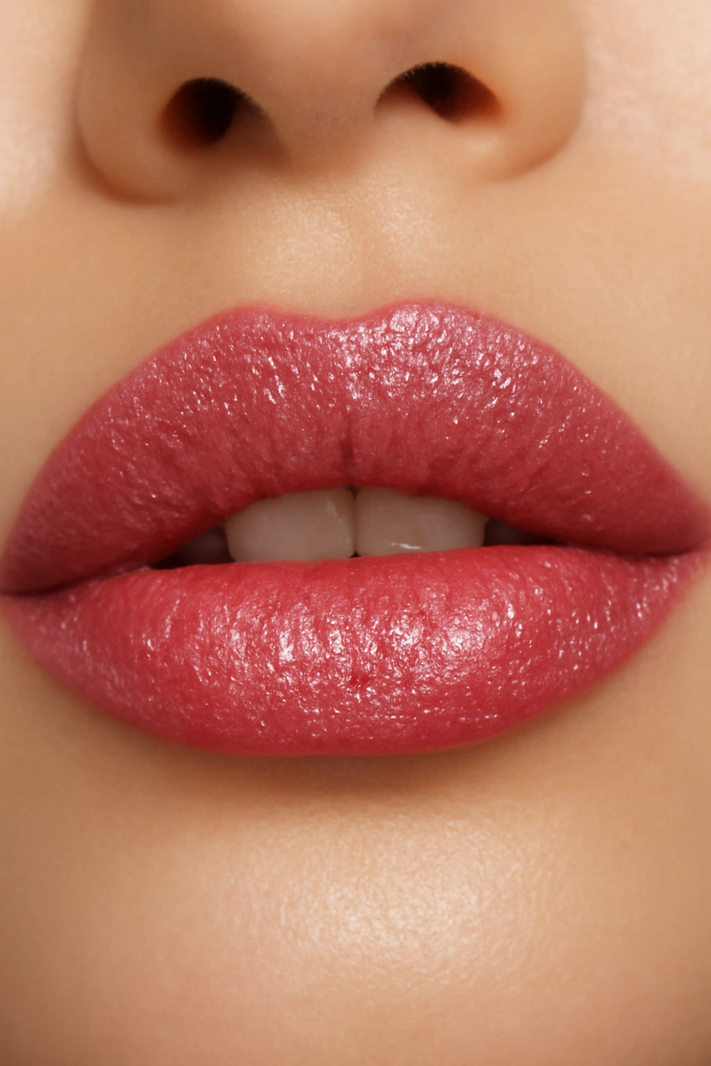Macro shot of sparkling rose lipstick with fine glitter on a bride.