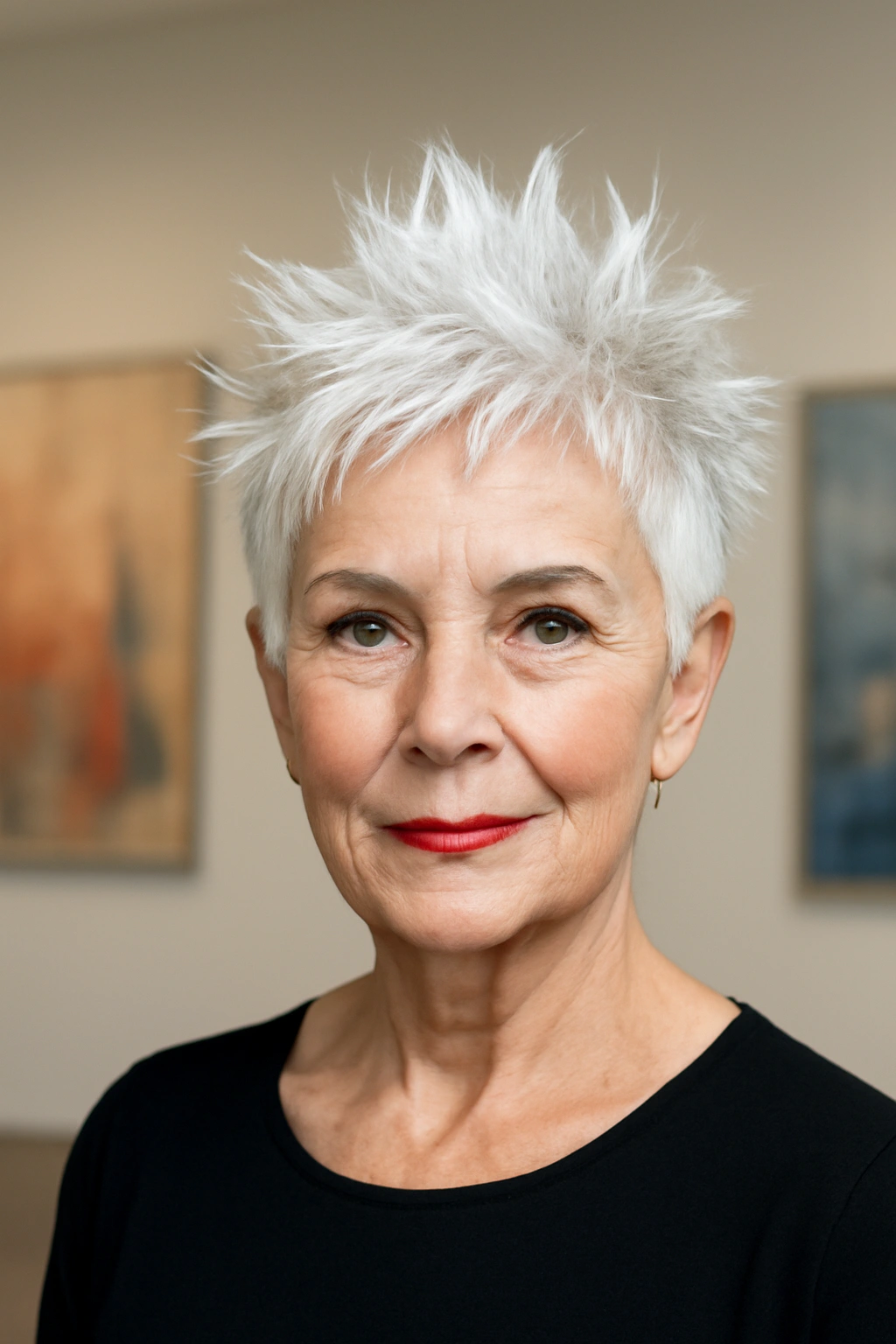Short spiky choppy pixie hairstyle on a confident woman in her 70s