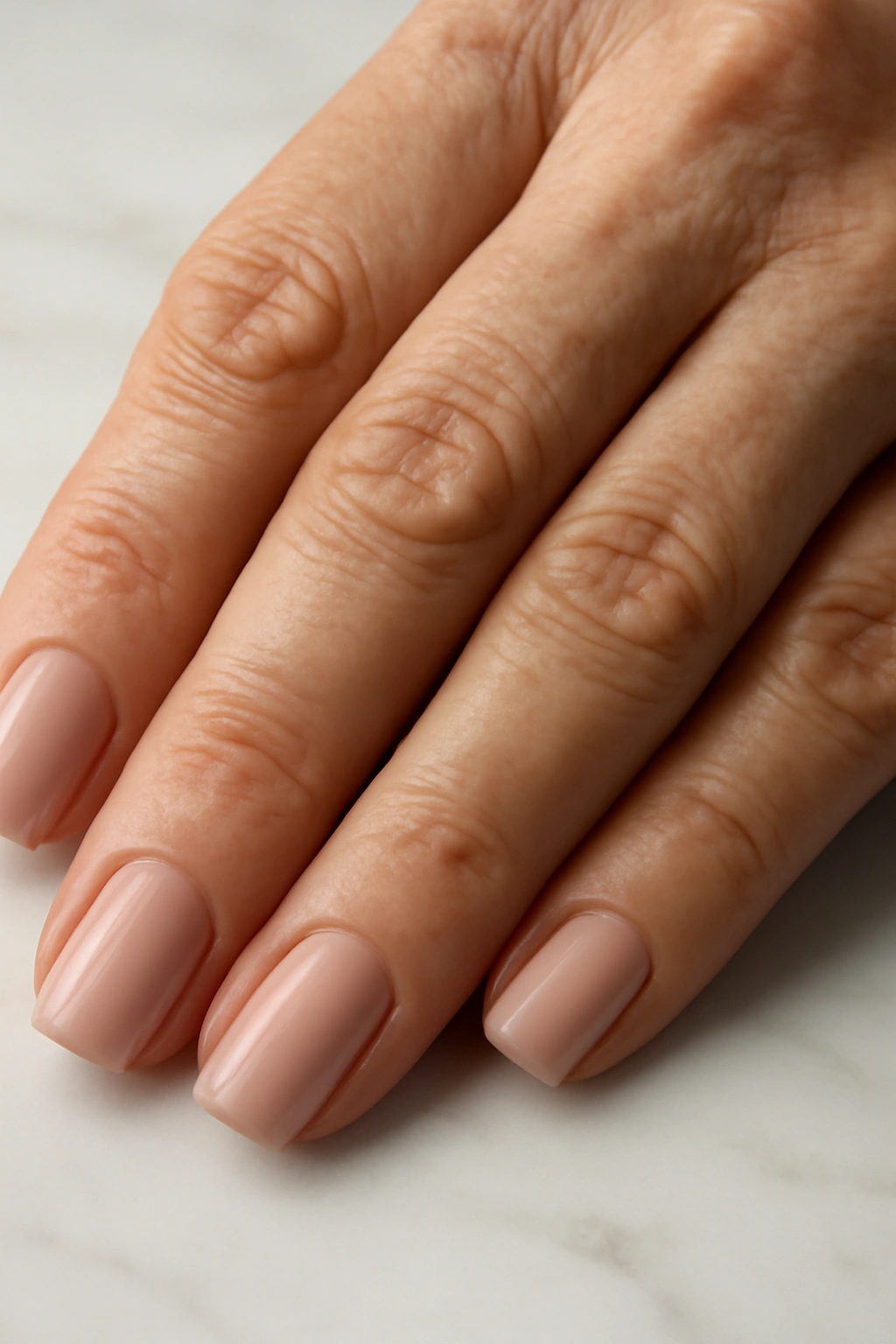 Close up of practical square shaped nails with nude polish on a mature hand