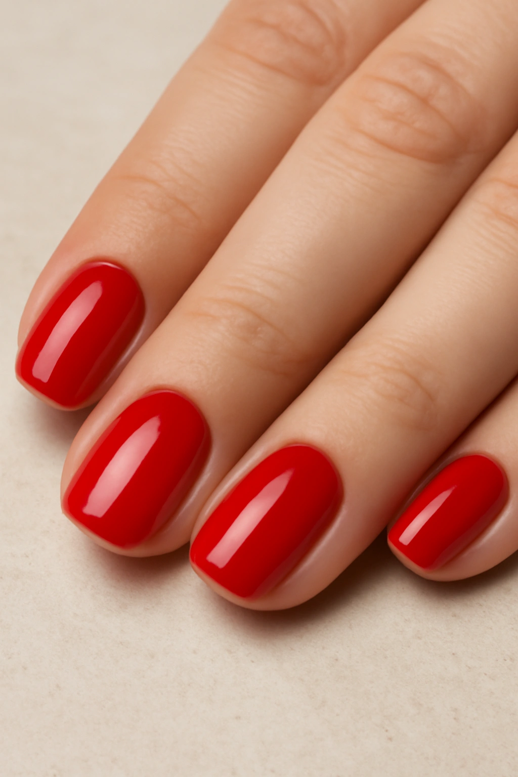 Classic red squoval nails on a full hand combining square edges with rounded tips.