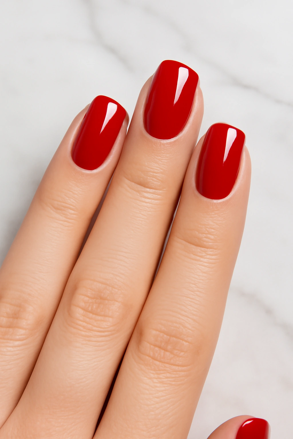 Squoval shaped nails with red polish on small hands combining square and oval features.