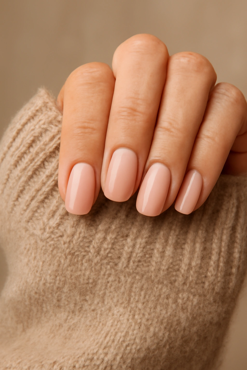 Modified square-oval nail shape with soft pink polish on elegant hands