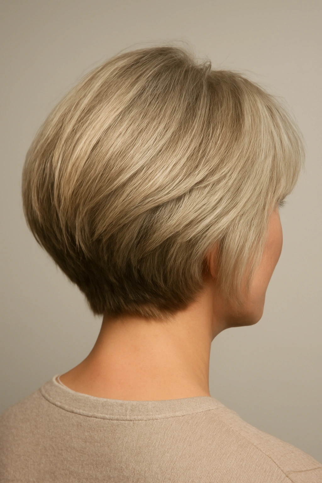 Back view of a stacked bob showing short nape layers and rounded crown.
