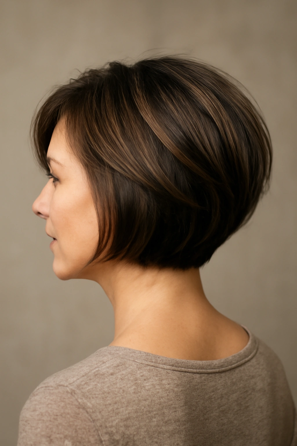 Head-and-shoulders portrait of stacked bob hairstyle with lifted back layers and rounded silhouette