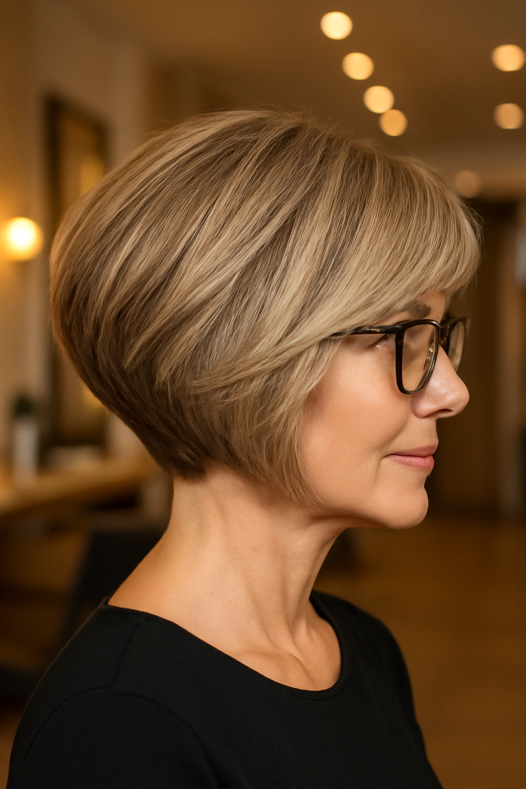 Side view of a stacked bob hairstyle on a woman over 50 with glasses