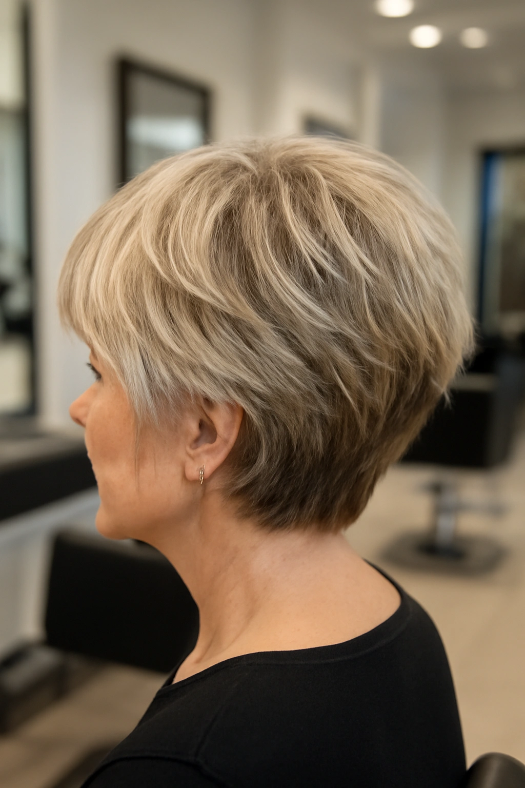 Voluminous stacked bob with choppy layers and crown lift for women over 70.