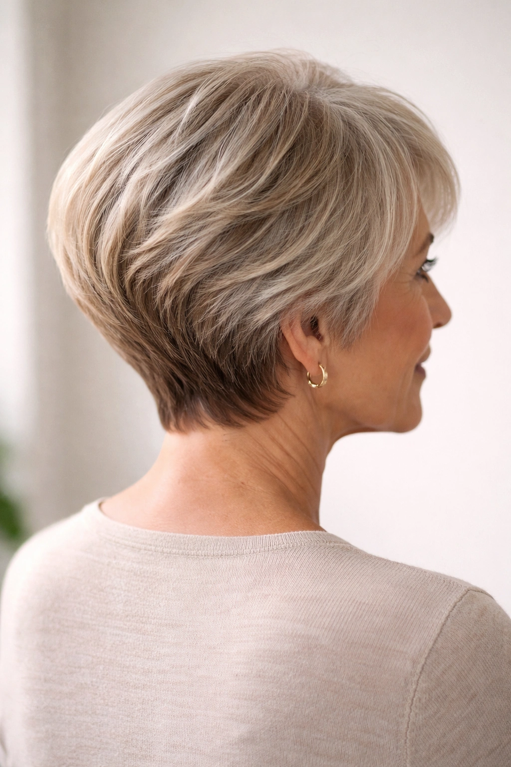 Back and side view of a woman with a stacked bob and layered volume