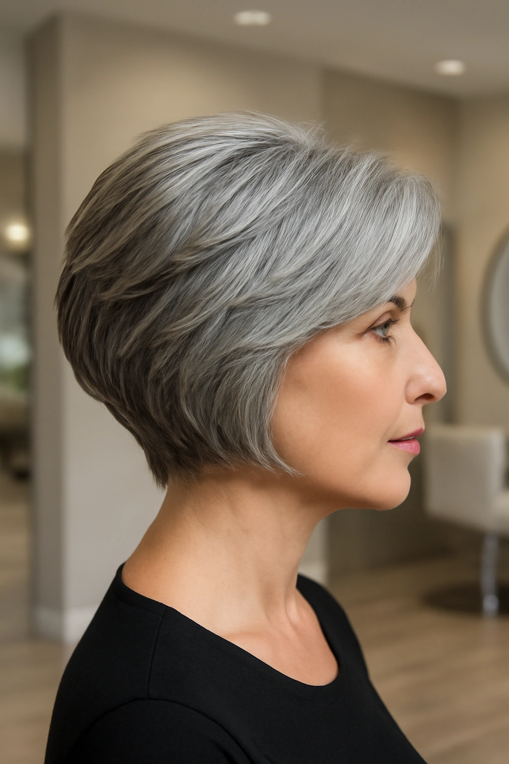 Profile view of a stacked bob with voluminous gray layers on a woman over 50