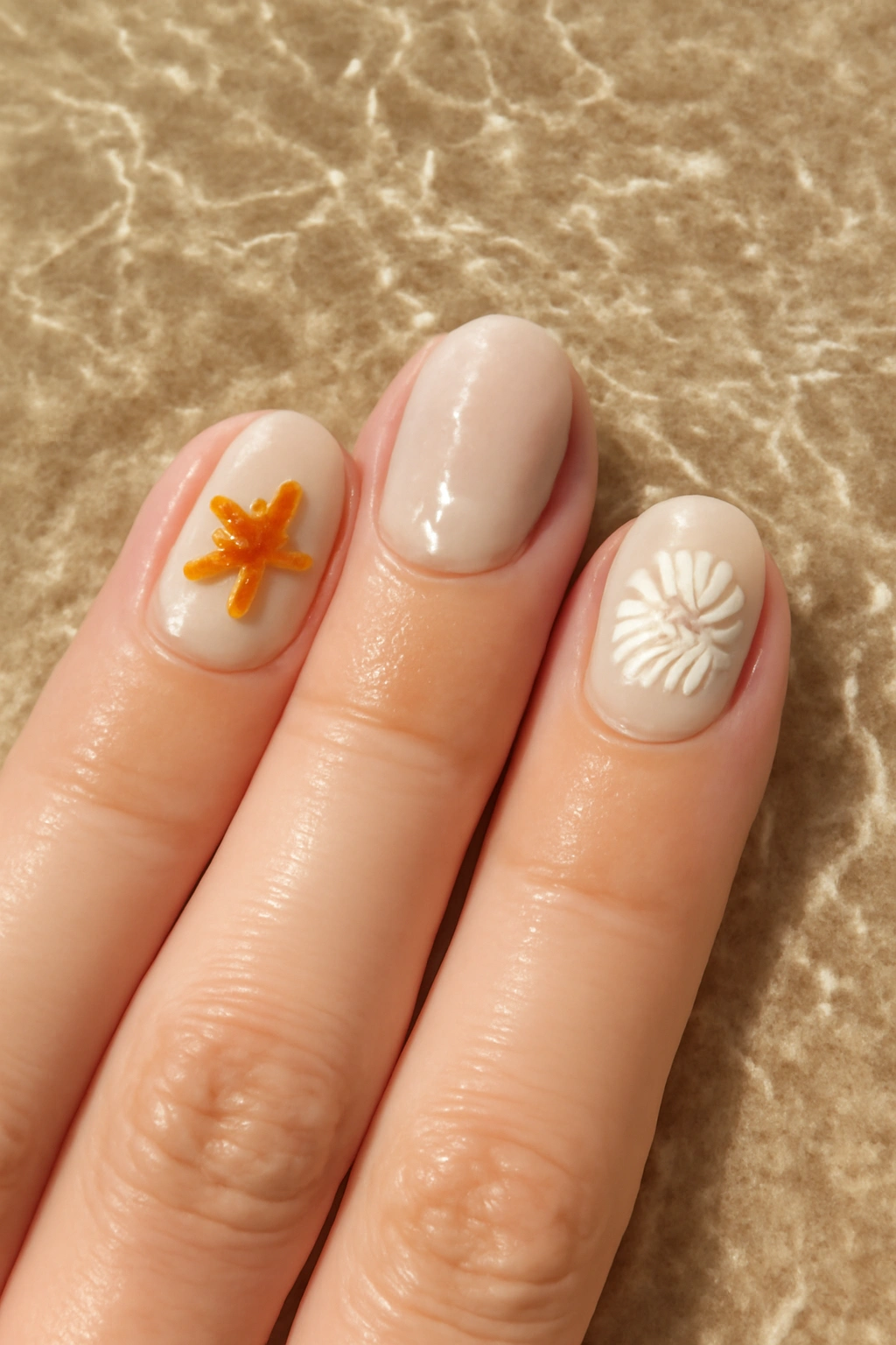Starfish and sand dollar nail designs on sandy beige base near ocean water.