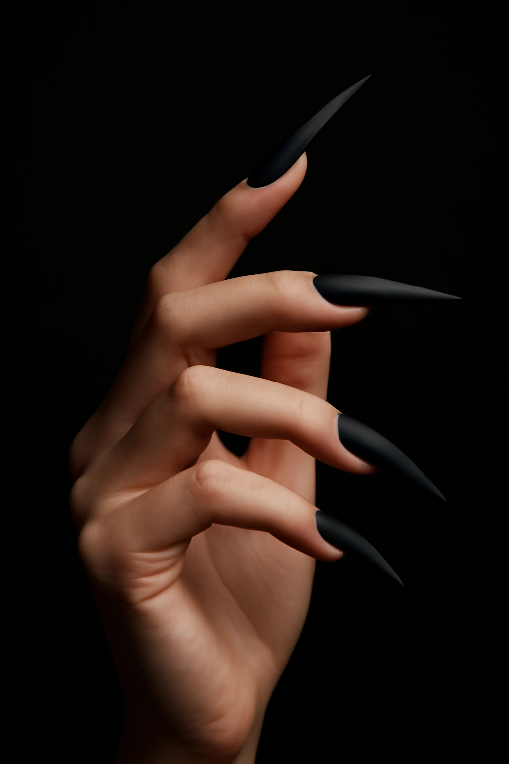 Long dramatic stiletto nails with matte black polish on a petite hand.