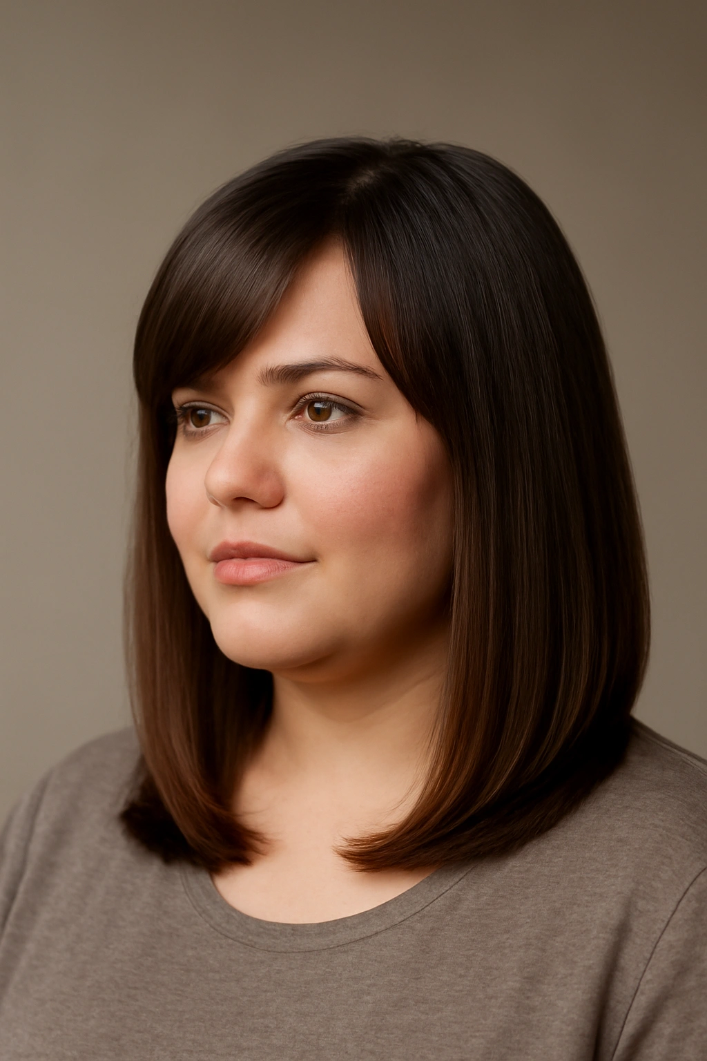 Close-up of straight-cut medium hair with side-swept bangs framing the face