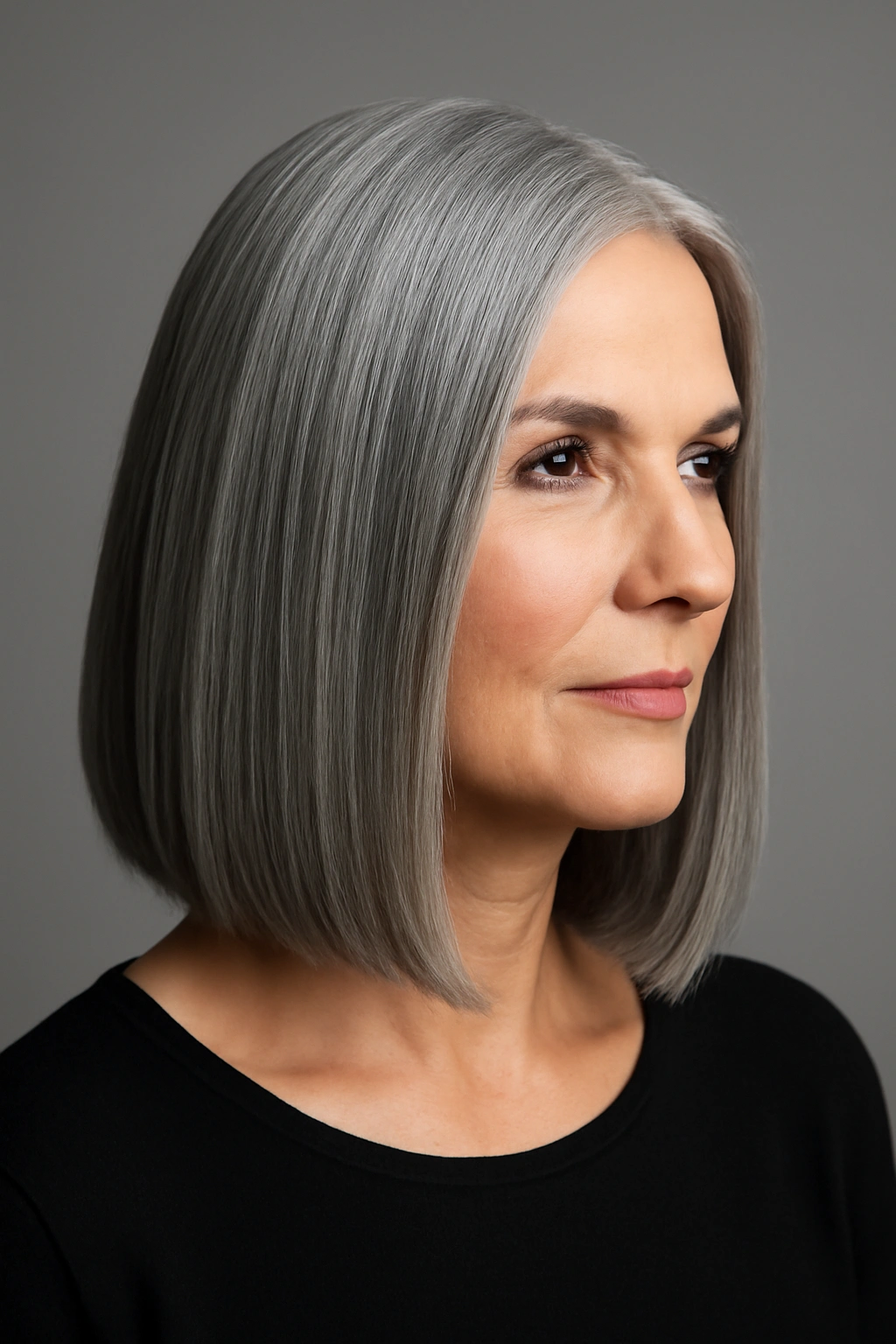A woman over 50 with a sleek straight gray bob hairstyle and blunt ends