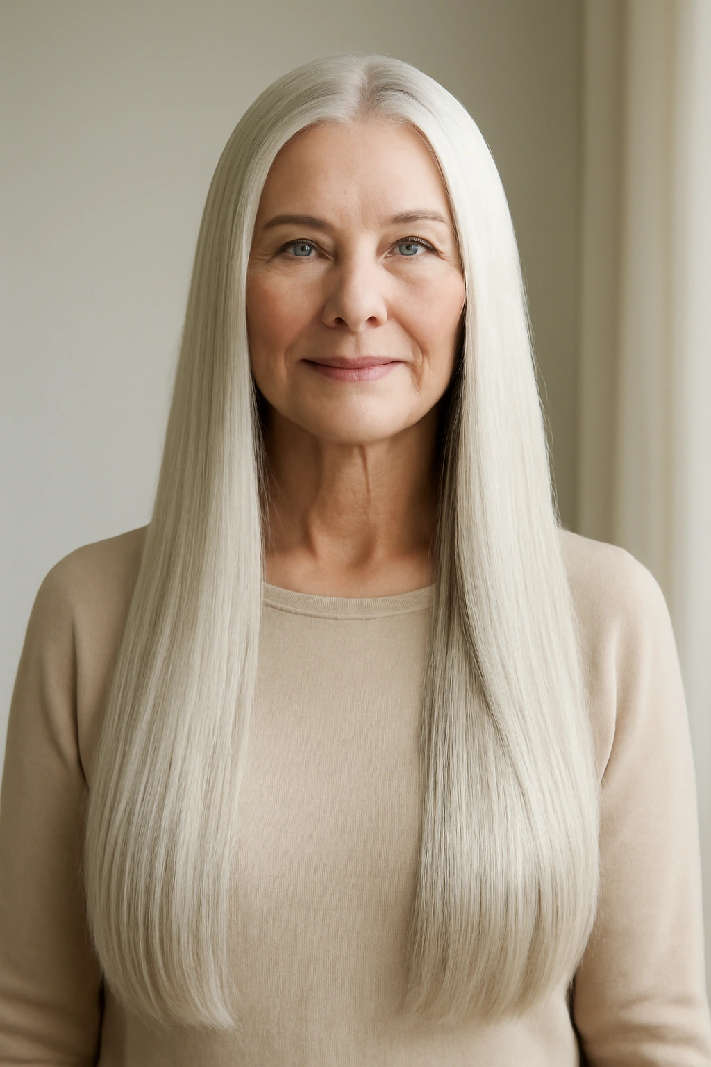 Sleek and straight long white hair with a center part on an elegant older woman.