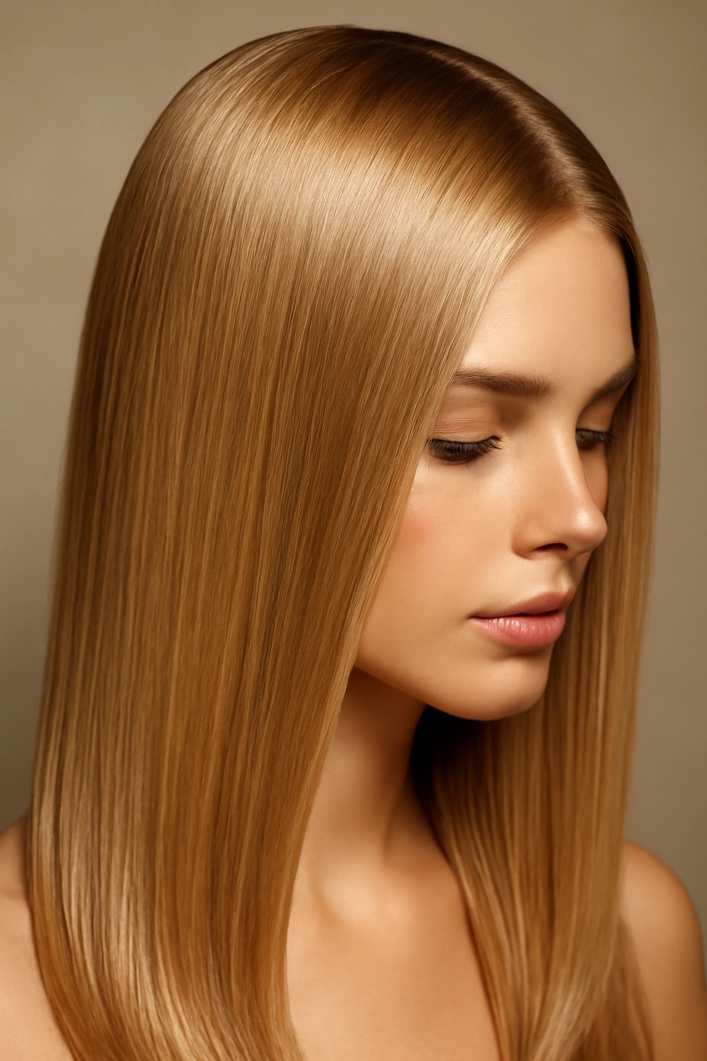 Sleek straight honey blonde hair styled with a sophisticated deep side part.