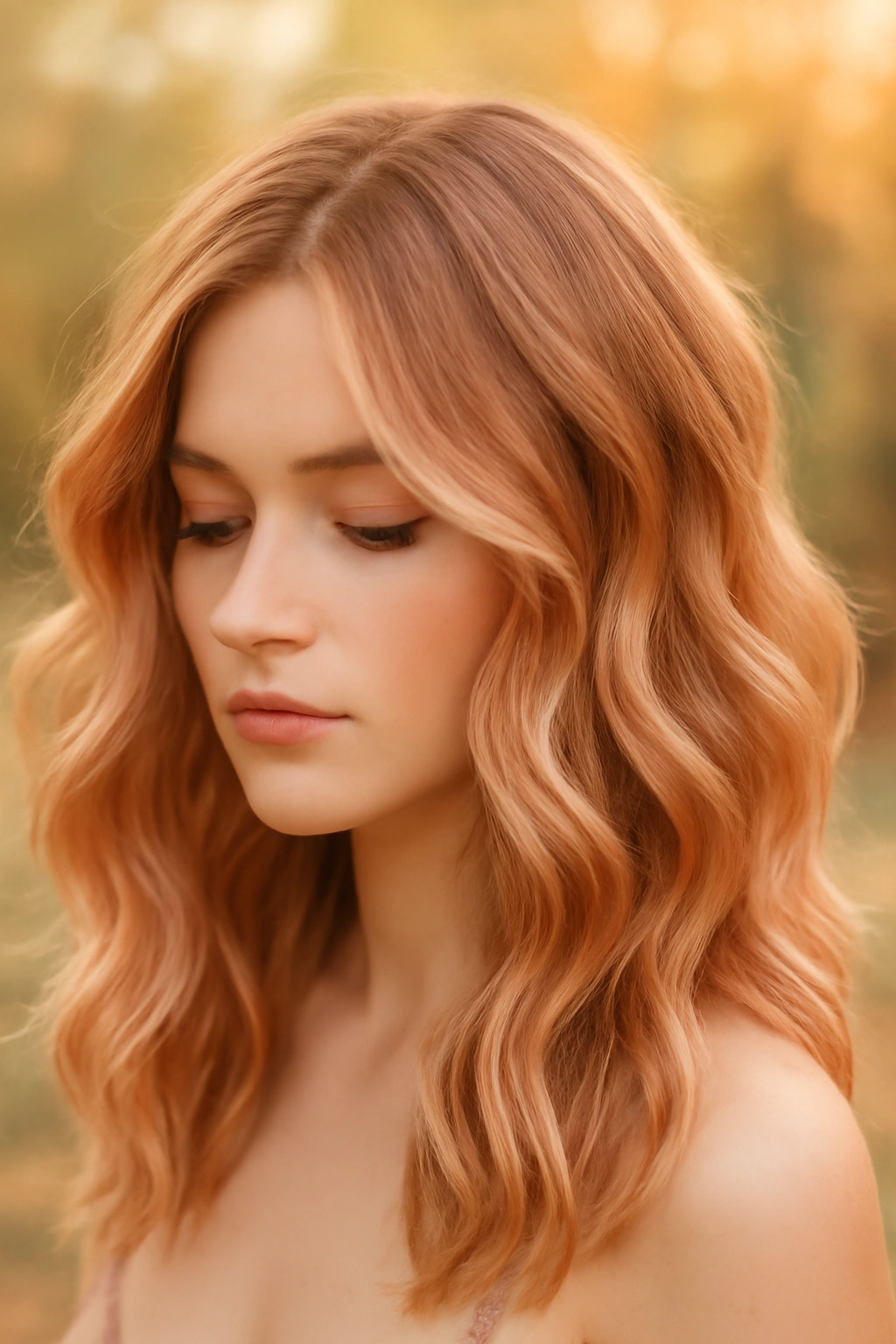 Delicate strawberry blonde balayage with soft peachy-pink tones on wavy light blonde hair.