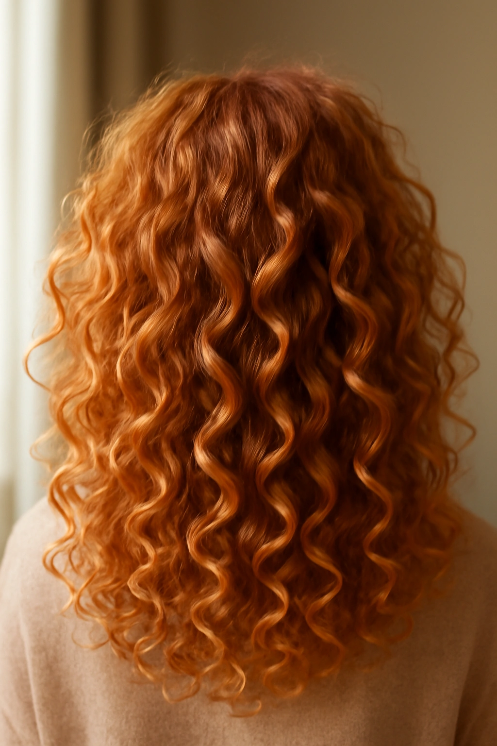 Bouncy natural curls in a warm rosy strawberry blonde hair color