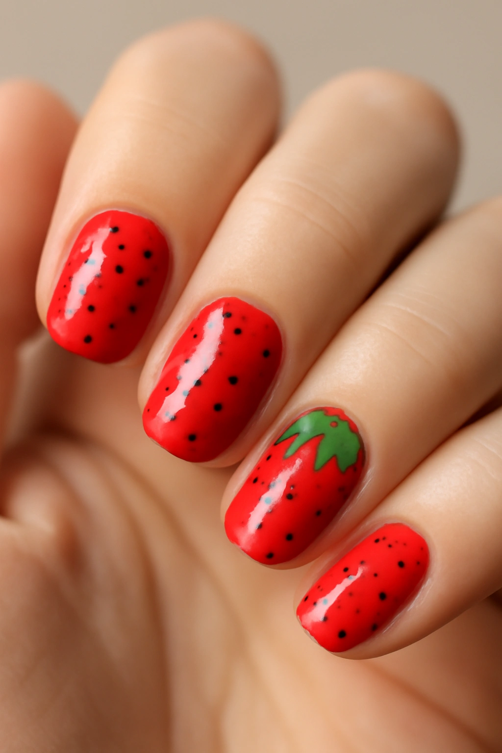 Nails showcasing red strawberries with seeds and green leaves.