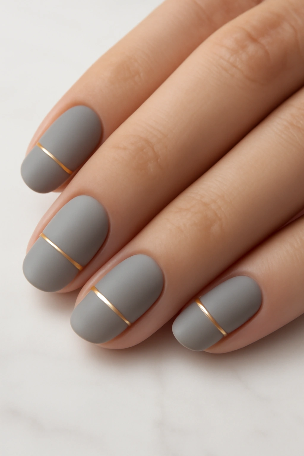Macro shot of thin gold stripes on matte grey nails for a modern look