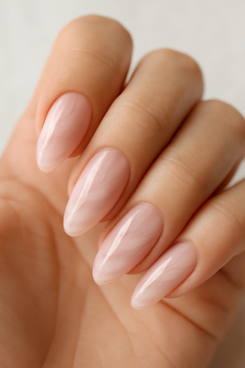 Close-up of subtle marble pink almond nails with soft swirls
