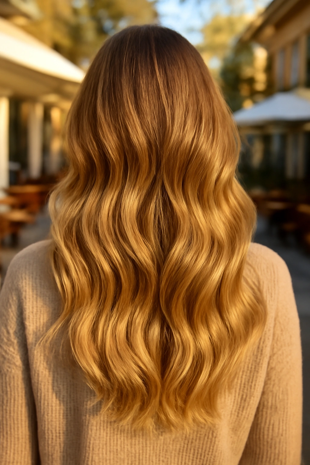 Woman with long wavy brown hair featuring soft golden sun-kissed balayage highlights from mid-lengths to ends.