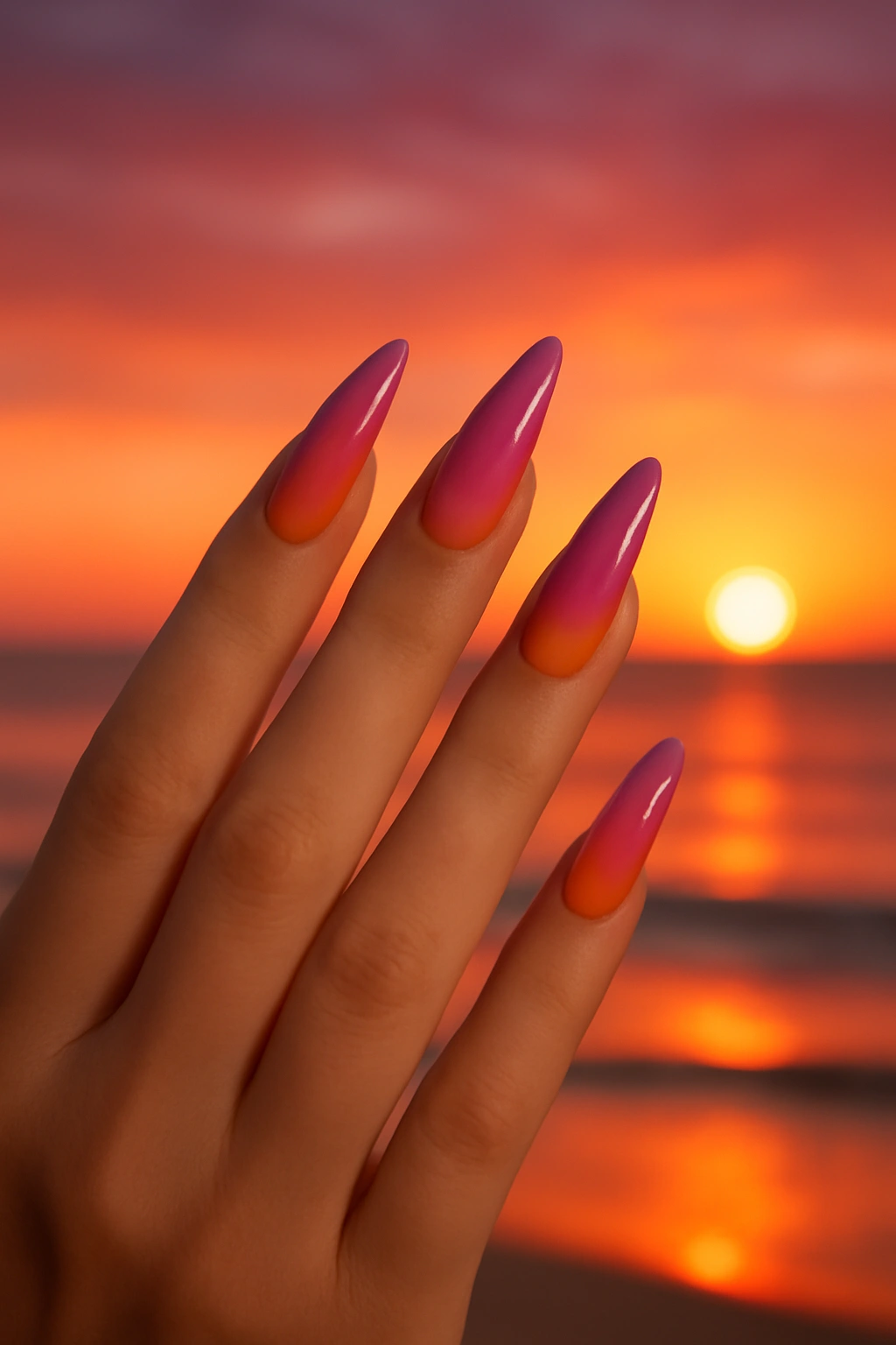 Tropical sunset nail art with purple pink and orange gradient colors.
