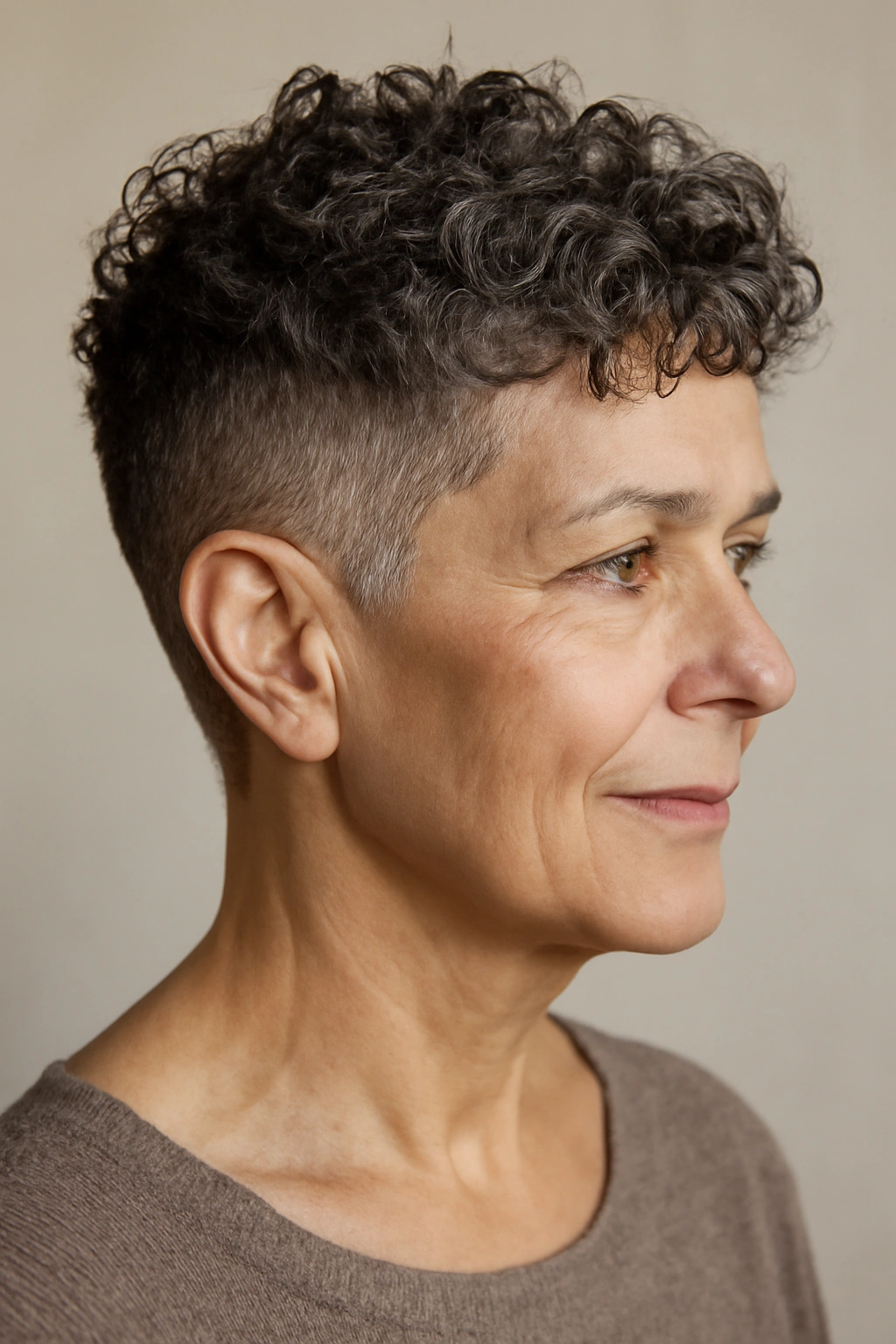 Older woman with tapered curly cut in a studio portrait, short sides and full curly crown.