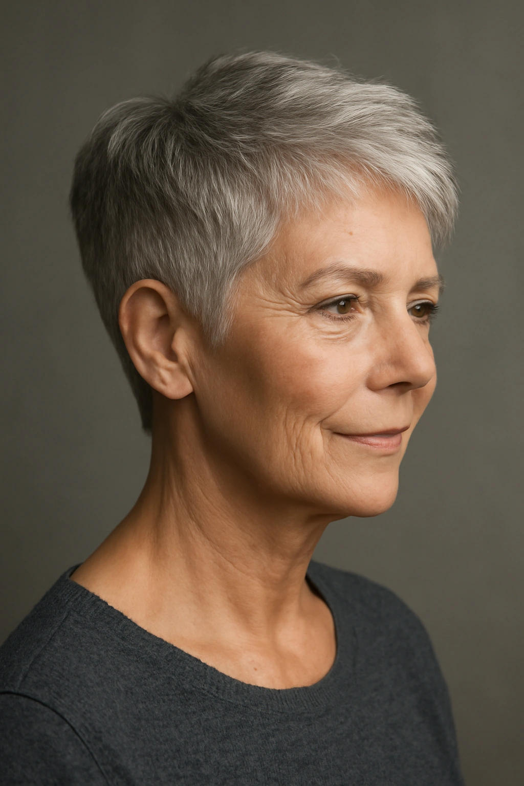 Mature woman with a tapered cut showing top volume and sharp silhouette