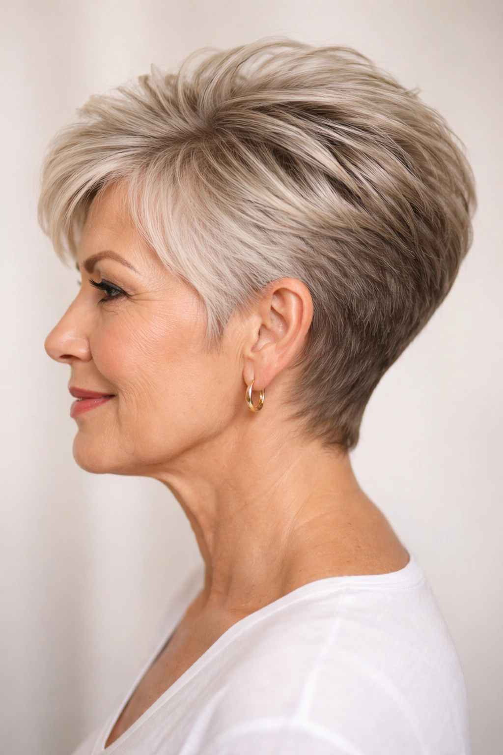 Profile view of a woman with a tapered cut emphasizing top height