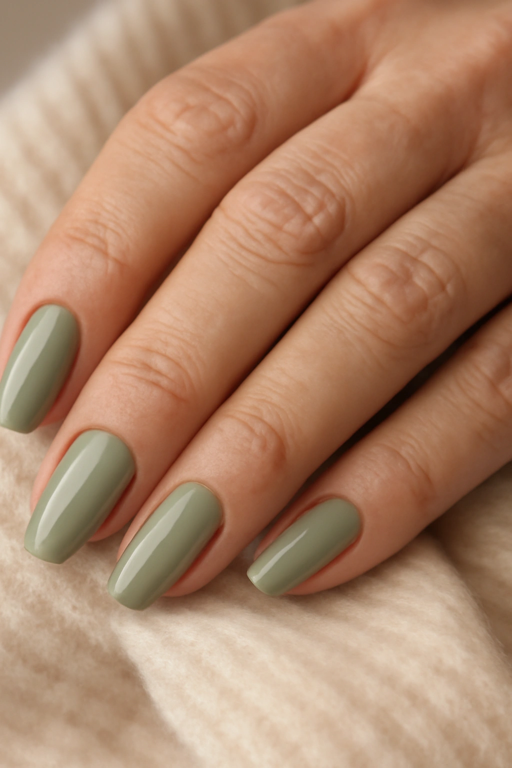 Gentle tapered square nails with sage green polish on a mature hand.