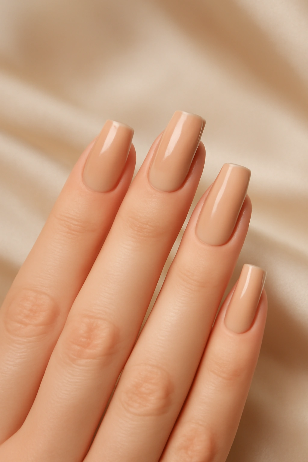 Close up of tapered square nail shape on small hands with beige polish