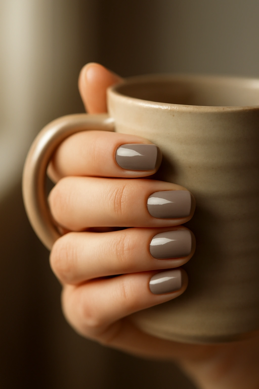 Warm taupe nail polish on rounded nails holding a ceramic mug.