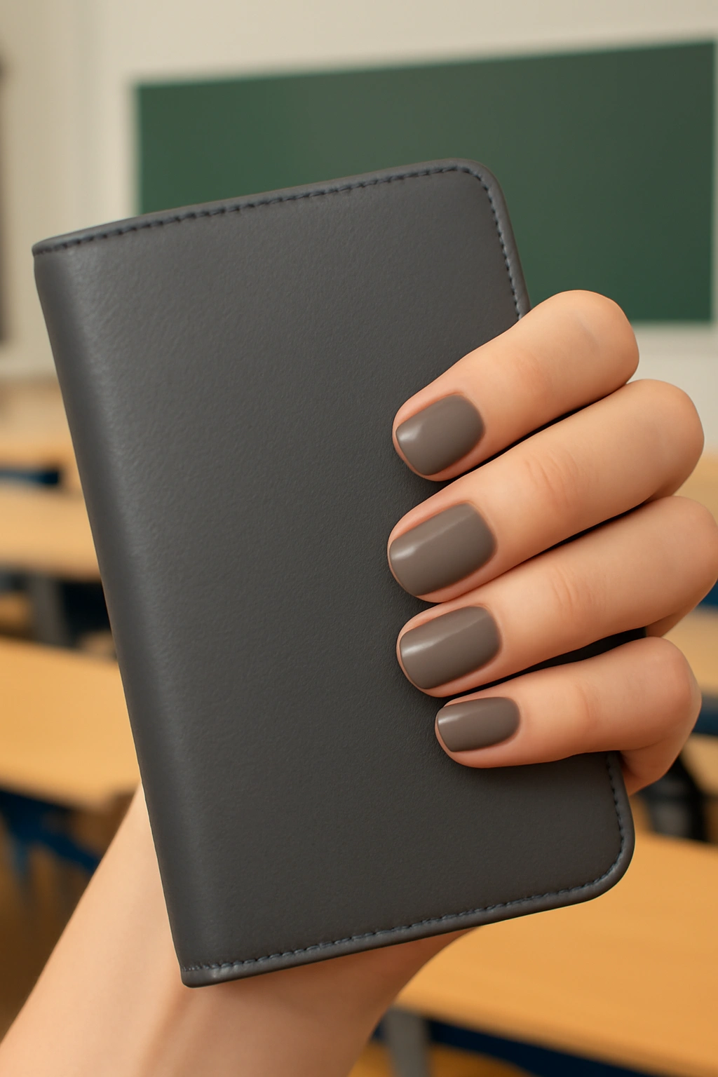 Professional taupe colored manicure on short nails held against a professional planner.