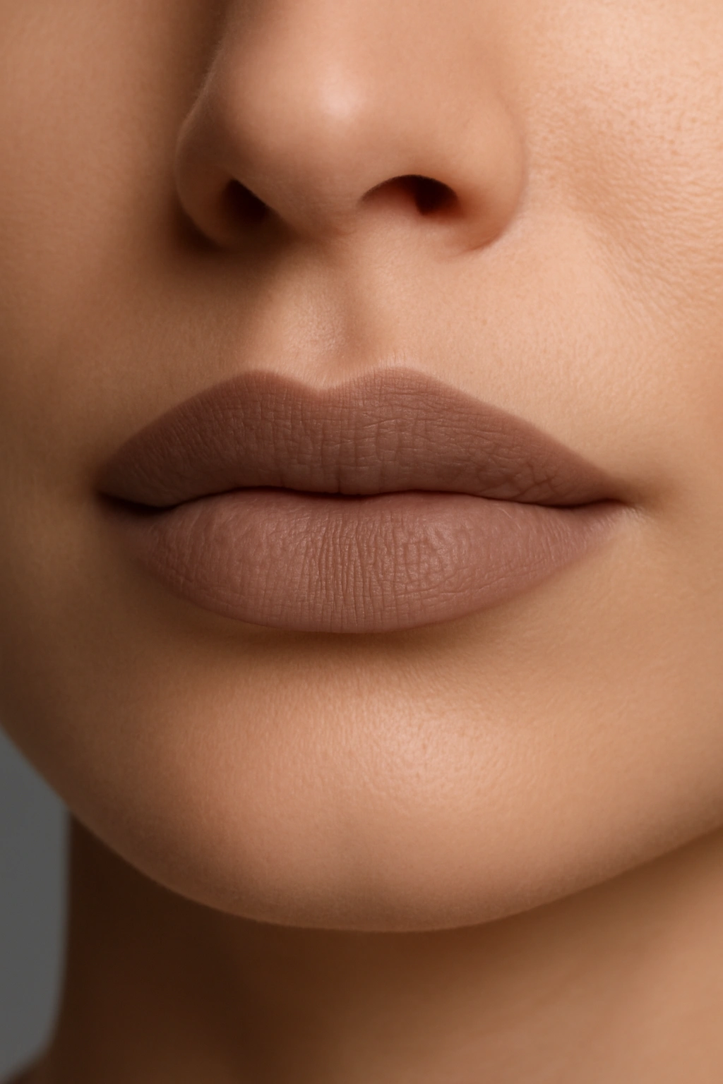Sophisticated taupe nude lipstick with a polished matte finish on a chic mother of the bride.