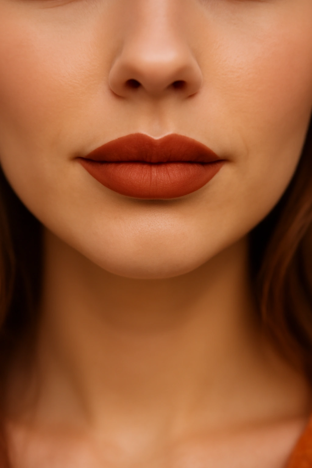 Warm terracotta matte lipstick on a woman, perfect for a chic autumn wedding guest look