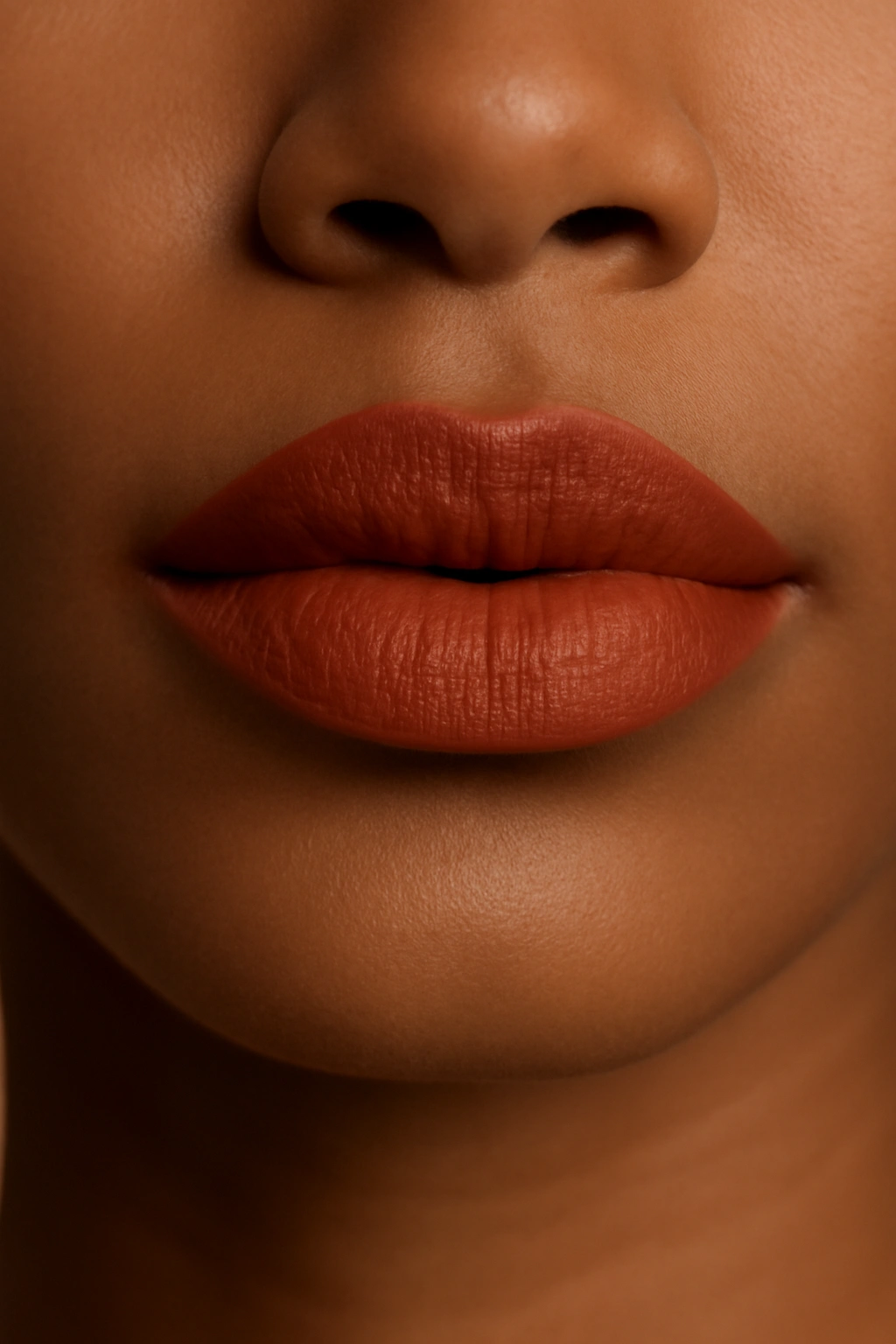 Close up of a woman wearing warm terracotta lipstick with a matte finish.