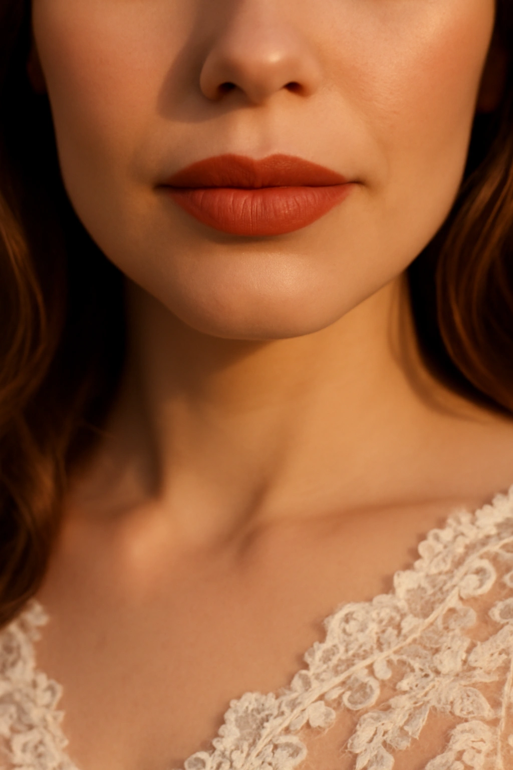 Warm terracotta nude lipstick paired with an ivory lace dress for a wedding