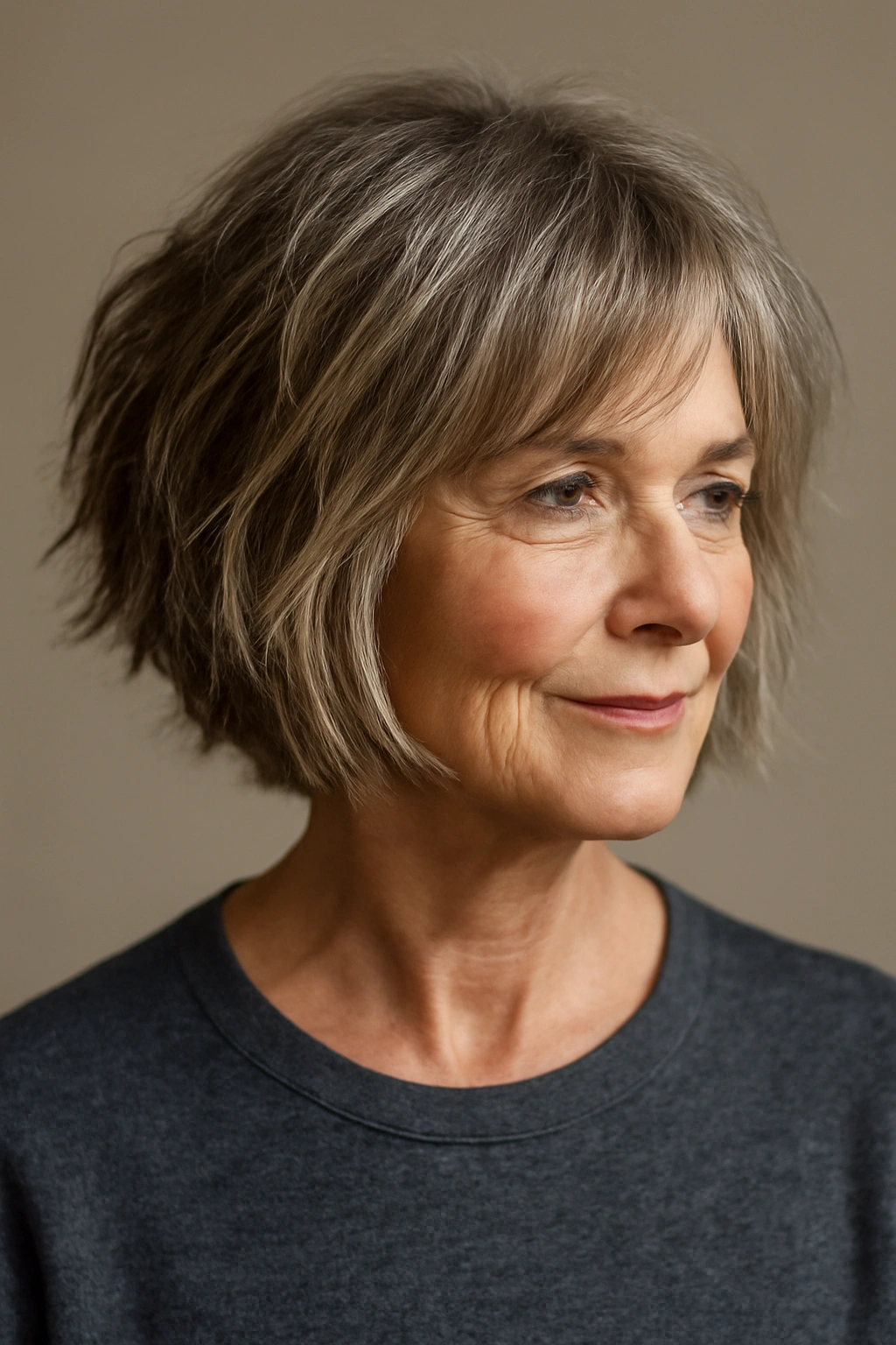 Mature woman with a textured bob showing choppy ends and movement