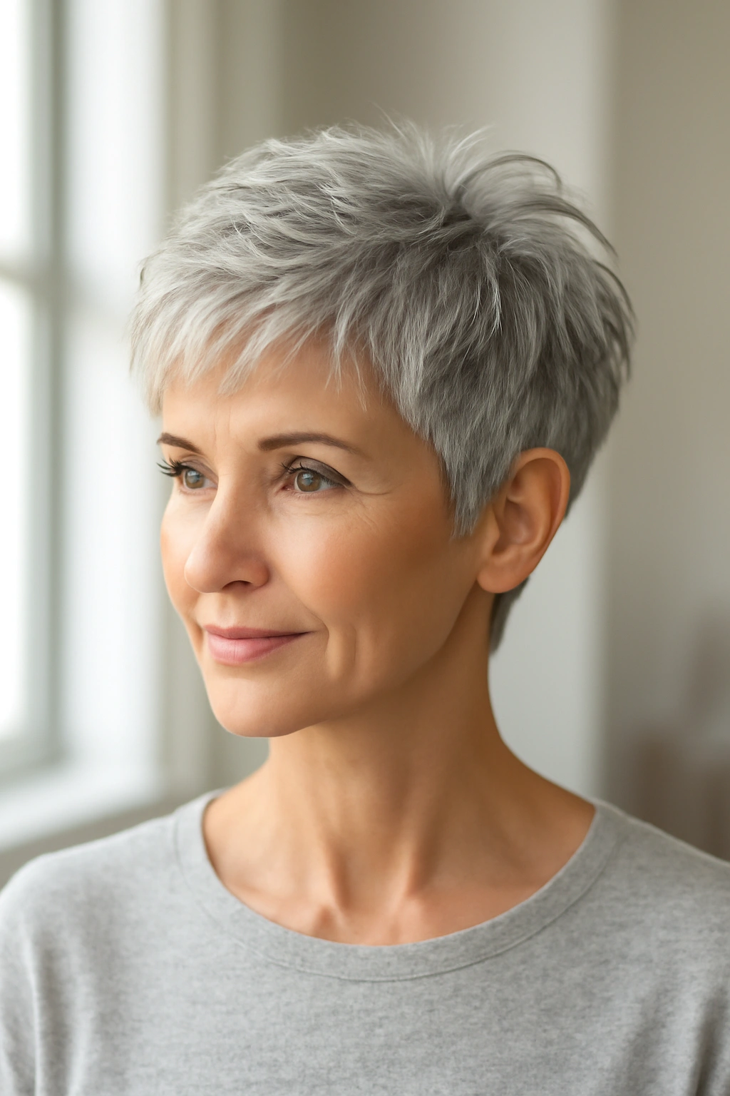 Short textured gray crop haircut on a woman with multi-dimensional silver layers