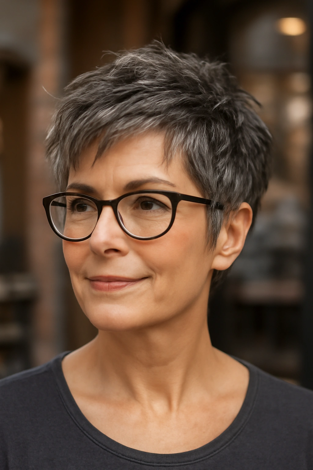 Short textured crop hairstyle on a woman over 50 with glasses.