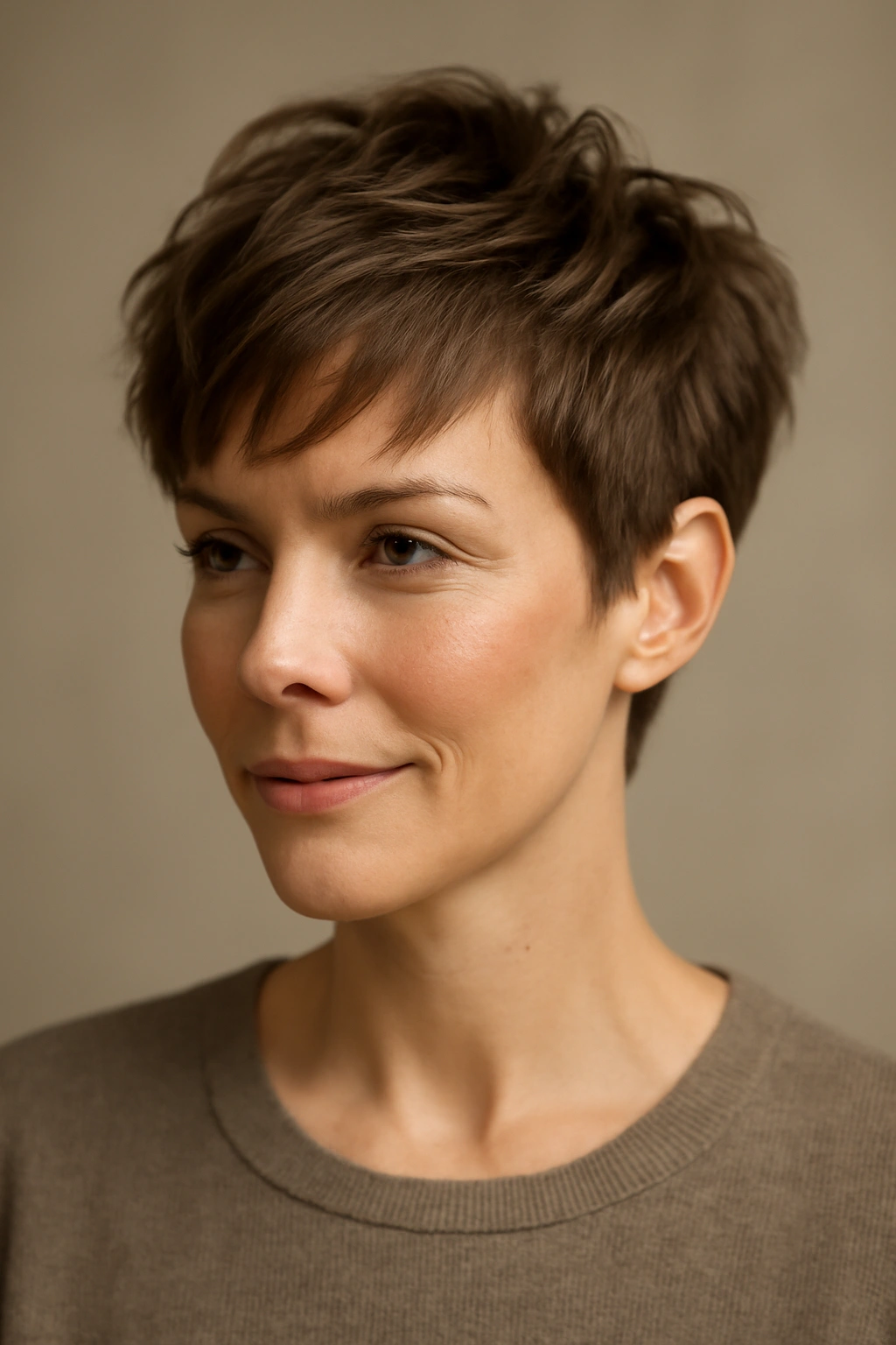Close-up of a woman with a textured cropped hairstyle featuring choppy layers.