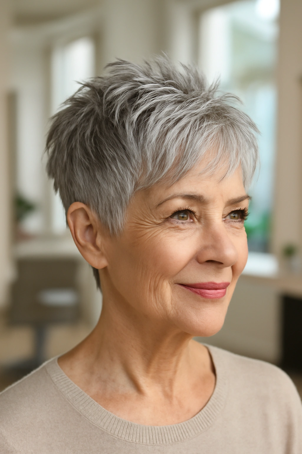 Close up of a woman over 70 with a silver textured crop hairstyle