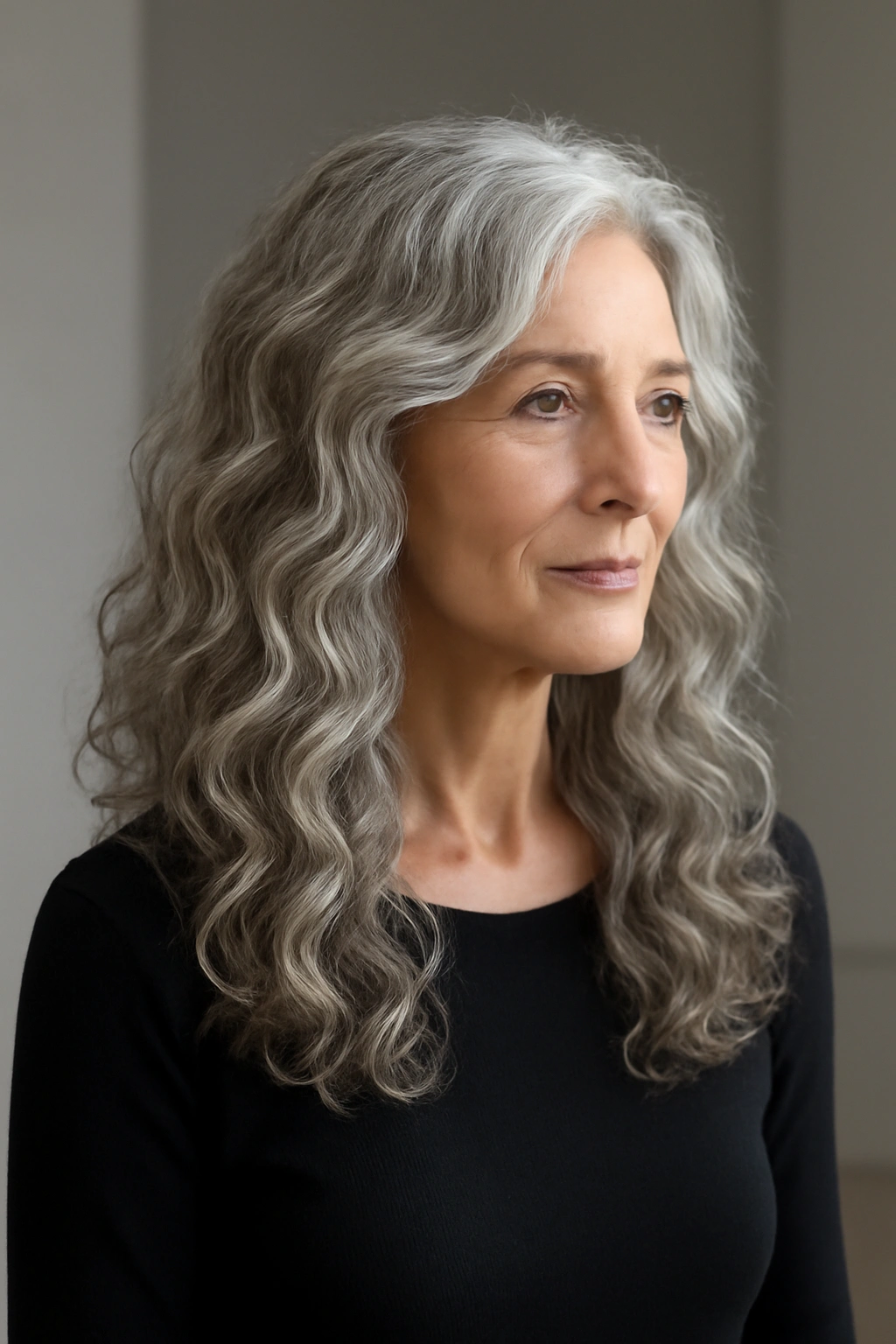 Long hair with textured layers and gentle curls on a woman over 70 with voluminous grey hair.