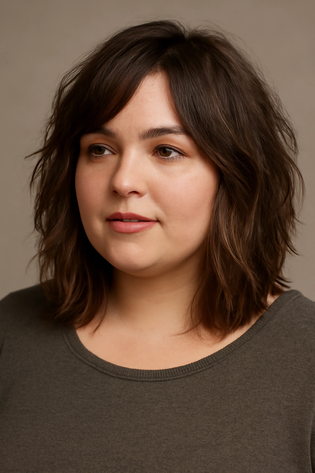 Plus-size model with textured mid-length hair and movement