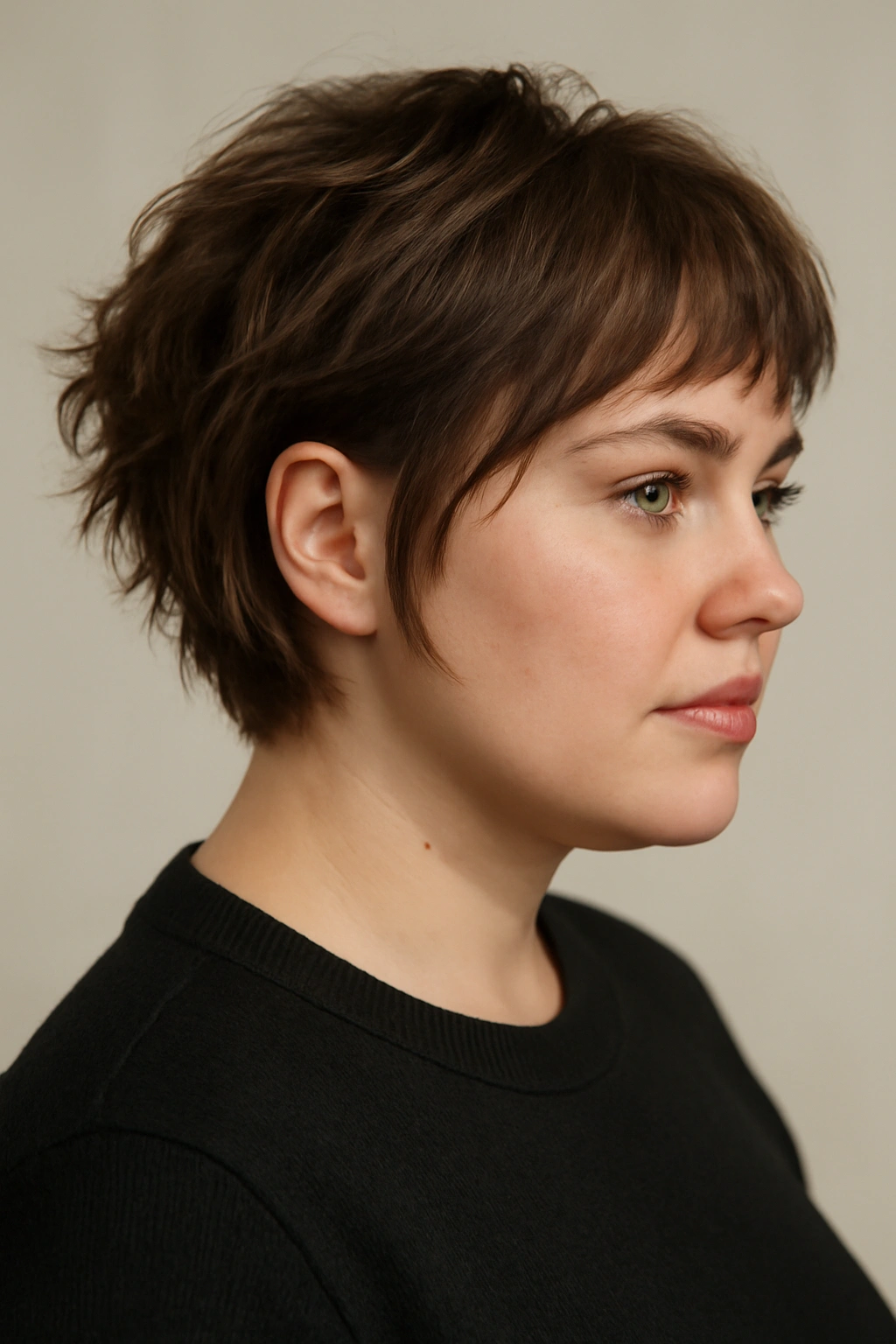 Textured mid-length hair with a subtle undercut at the nape