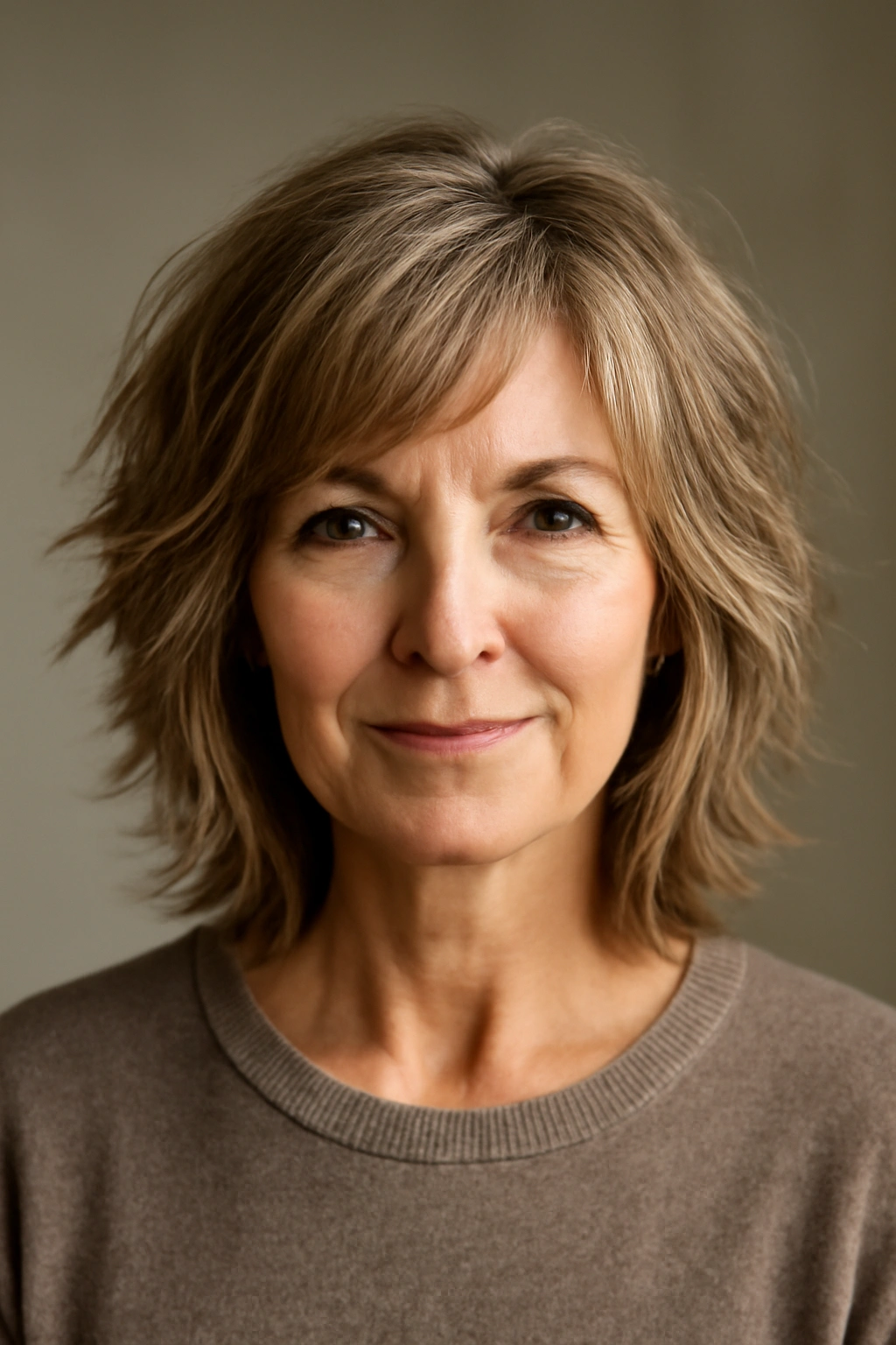 Close-up of a woman over 50 displaying a textured mid-length cut with choppy layers